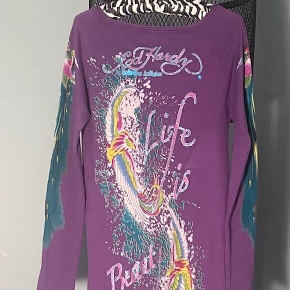 ED HARDY CHRISTIAN AUDUGIER SWEATER DRESS GRAPHIC PRINT RHINESTONES SIZE MEDIUM. - Picture 6 of 10